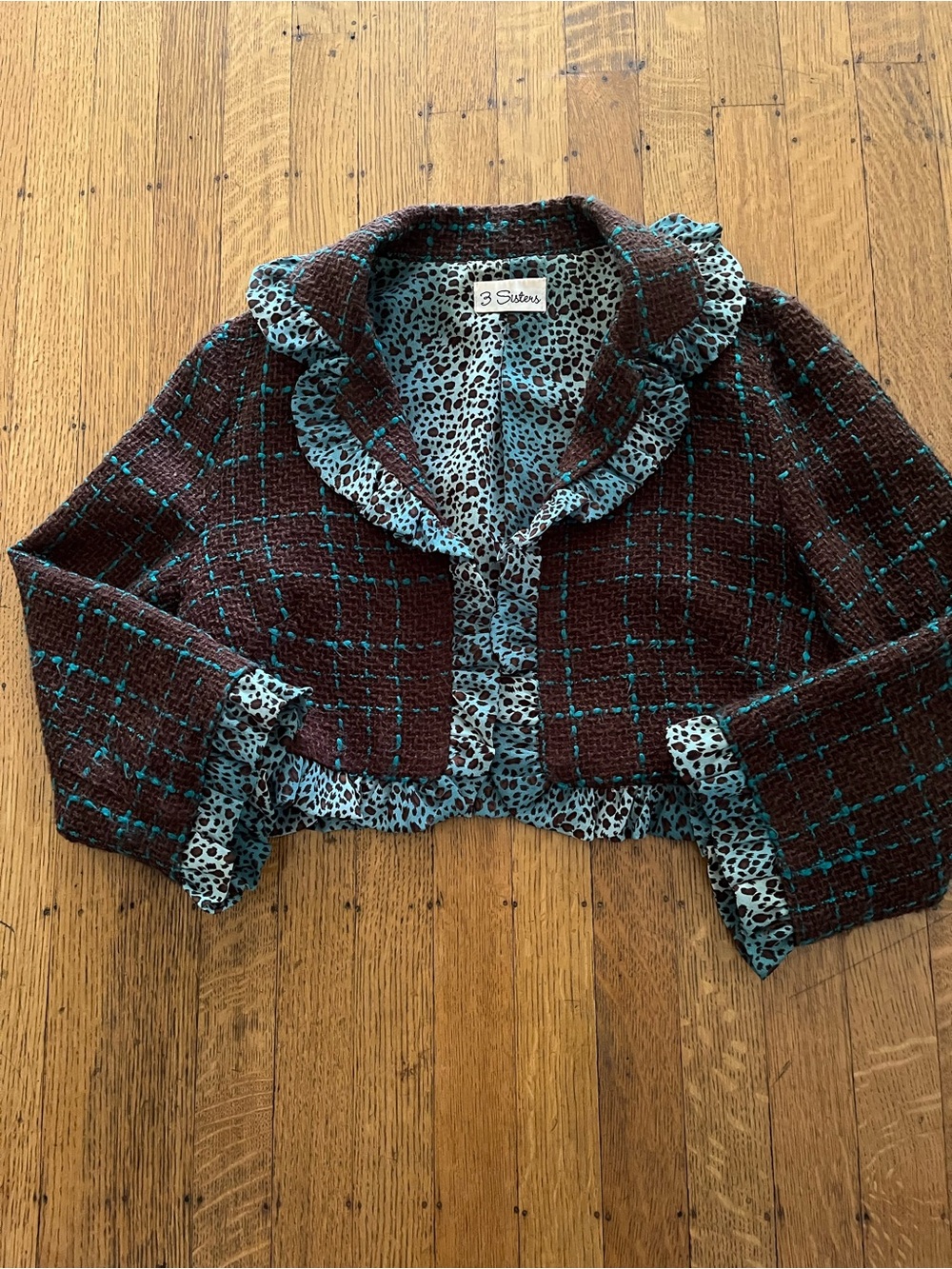 3 Sisters Vintage Brown Tweed Cropped Jacket with Teal Trim Rare